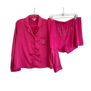 Juicy Couture Pink Satin Pajama Set Rhinestone Logo Sleepwear L/XL